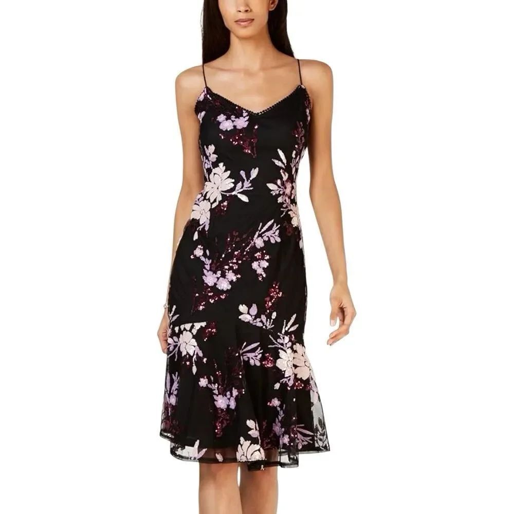 Adrianna Papell DressโFloral Sequin Sheath Trumpet Silhouette Pinot Noir Size 2